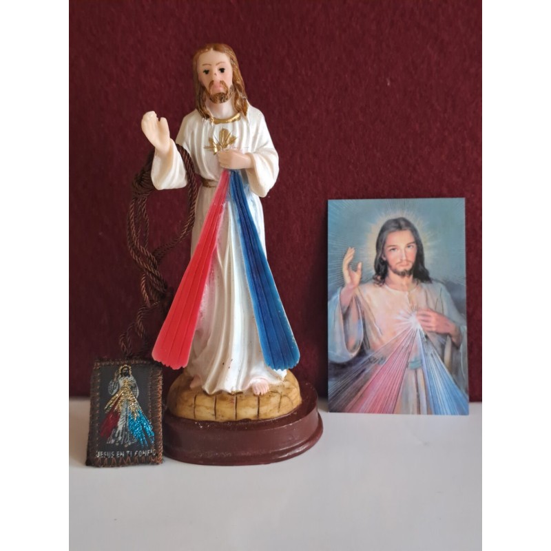 Kit Señor de la Misericordia bulto 15 cm + estampas + escapulario